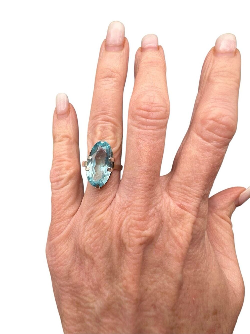 Vintage Sterling Silver Large Oval Aqua Blue Statement Cocktail Ring